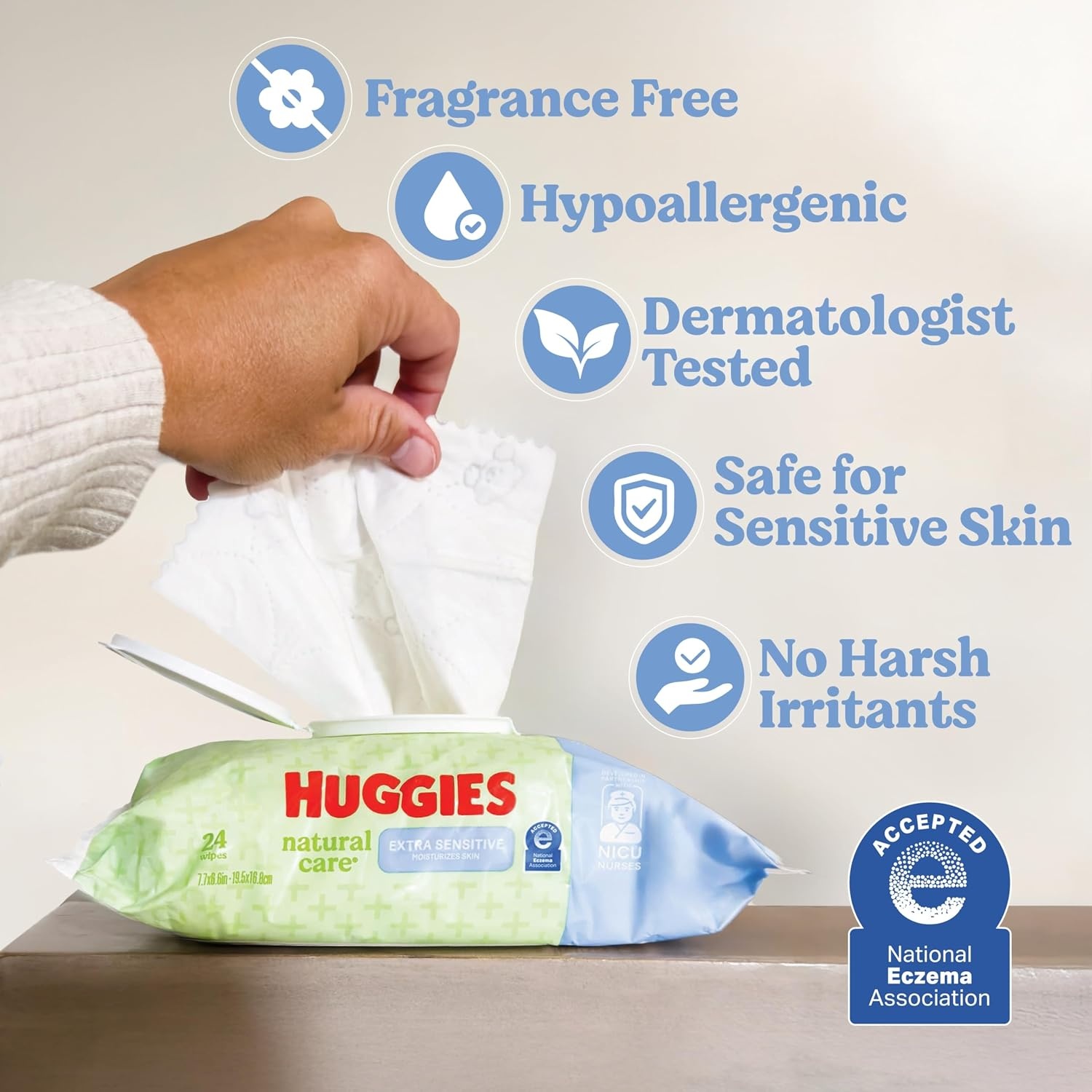 image:imageHuggies Natural Care Extra Sensitive NICU Nurse Developed Baby Wipes Unscented 1 FlipTop Pack 24 Wipes Total24 Count Pack of 6