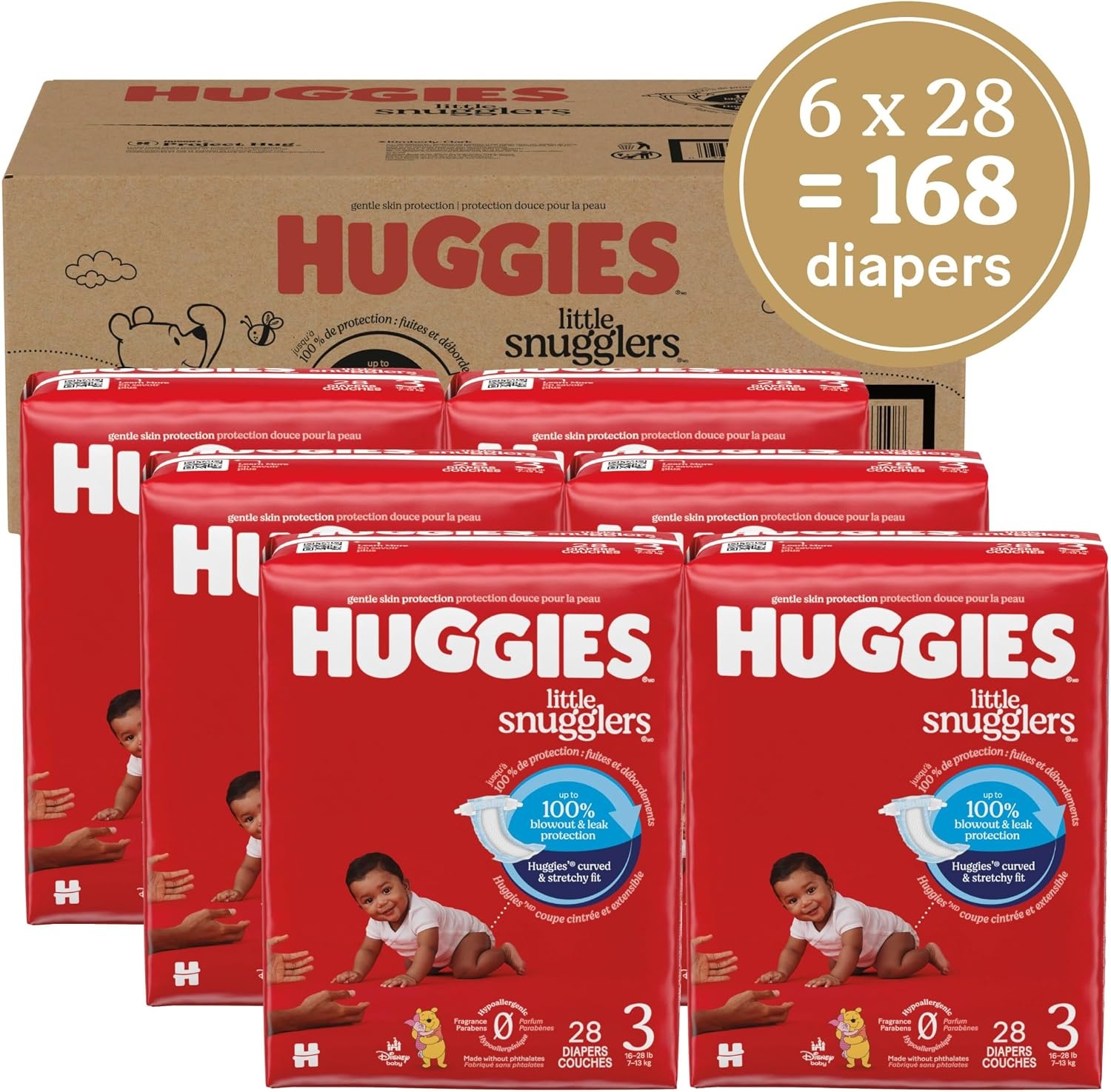 image:imageHuggies Size 3 Diapers Little Snugglers Baby Diapers Size 3 1628 lbs 168 Count 6 Packs of 28 Packaging May VarySize 3