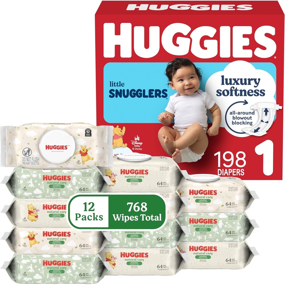 image:imageHuggies Little Snugglers Baby Diapers with Huggies Natural Care Sensitive Baby Wipes Size 2 1218 lbs 186 Diapers amp 768 Wipes Packaging May VarySize 1