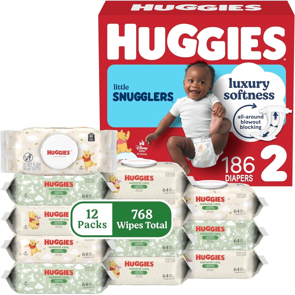 image:imageHuggies Little Snugglers Baby Diapers with Huggies Natural Care Sensitive Baby Wipes Size 2 1218 lbs 186 Diapers amp 768 Wipes Packaging May VarySize 2