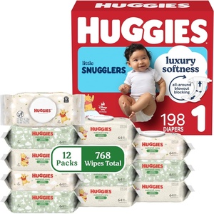 Huggies Little Snugglers Baby Diapers with Huggies Natural Care Sensitive Baby Wipes, Size 2 (12-18 lbs), 186 Diapers & 768 Wipes, Packaging May Vary(Size 1)