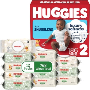 Huggies Little Snugglers Baby Diapers with Huggies Natural Care Sensitive Baby Wipes, Size 2 (12-18 lbs), 186 Diapers & 768 Wipes, Packaging May Vary(Size 2)