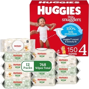Huggies Little Snugglers Baby Diapers with Huggies Natural Care Sensitive Baby Wipes, Size 2 (12-18 lbs), 186 Diapers & 768 Wipes, Packaging May Vary(Size 4)