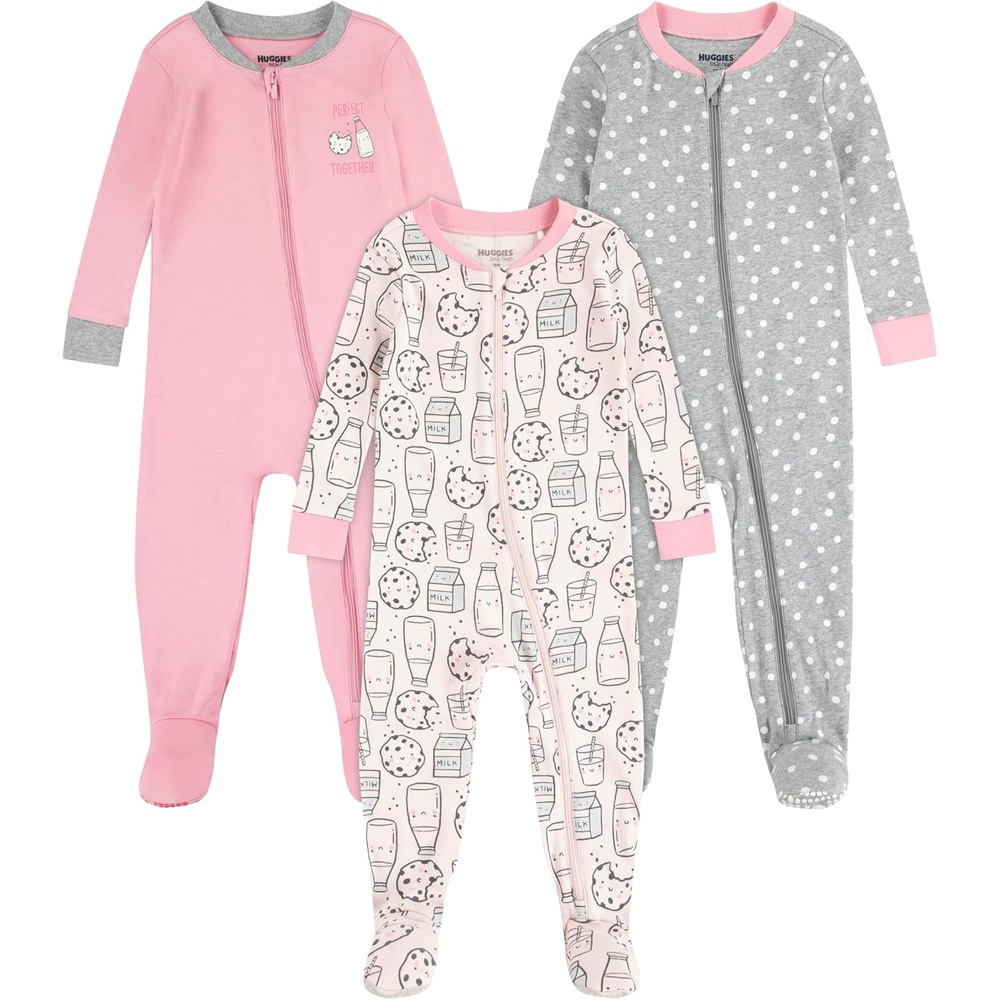image:imageHUGGIES Baby 3pack Footed Coverall PajamasCrystal PinkCookies