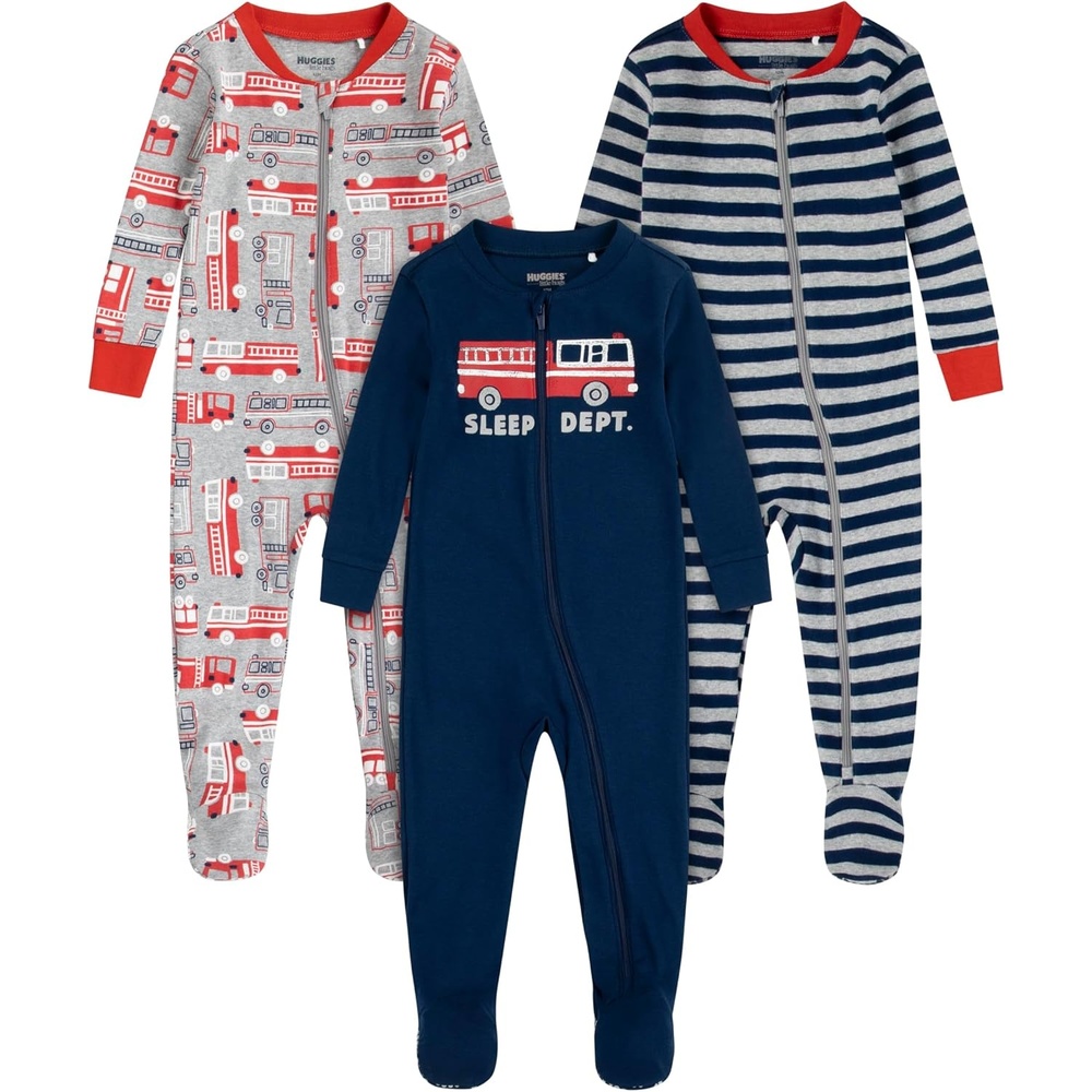 image:imageHUGGIES Baby 3pack Footed Coverall PajamasMid Grey HeatherFire Trucks
