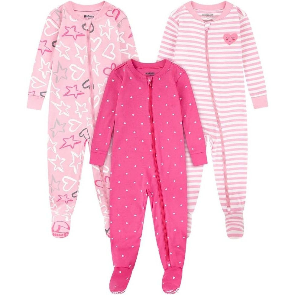 image:imageHUGGIES Baby 3pack Footed Coverall PajamasSea PinkStars