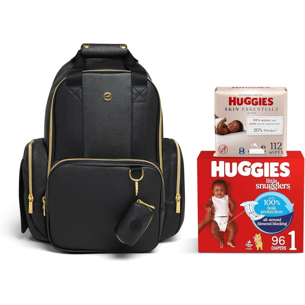 image:imageHUGGIES Unisexadult Signature Hug Pack Diaper Backpack Black Leather One SizeBlackBundle